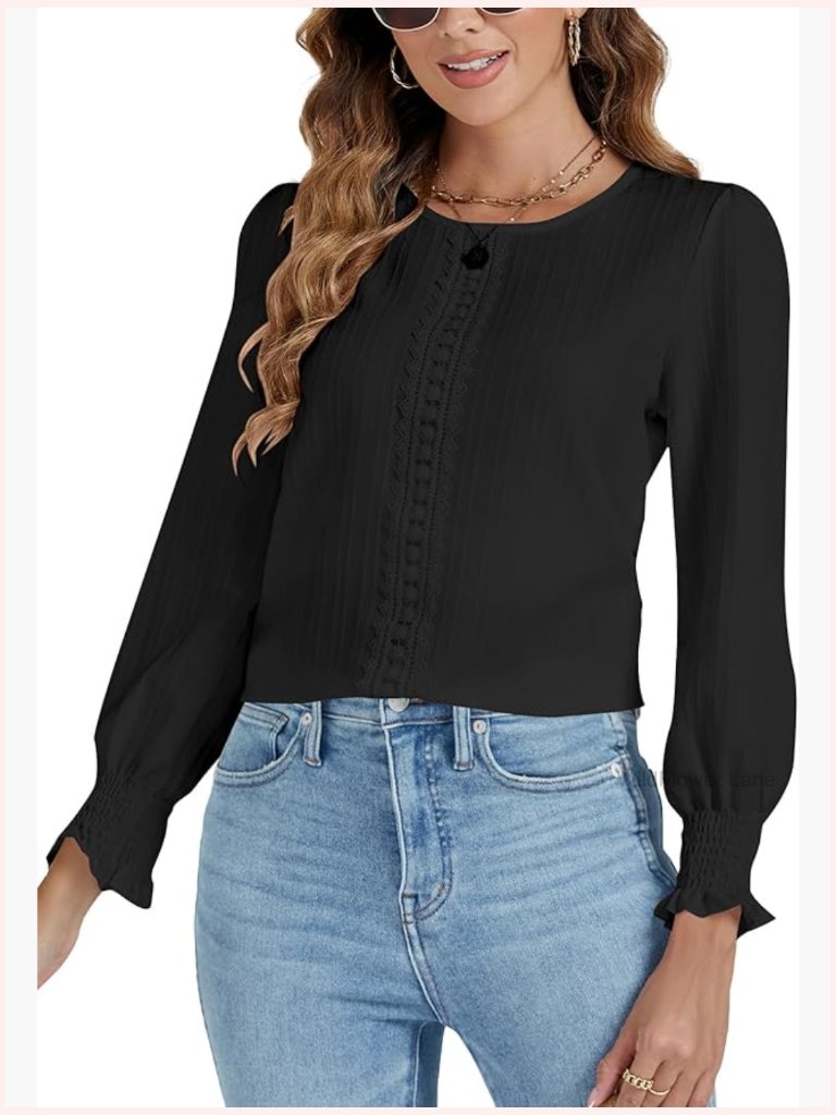 Crewneck Shirred Puff Long Sleeve Lace Patchwork Blouse Top